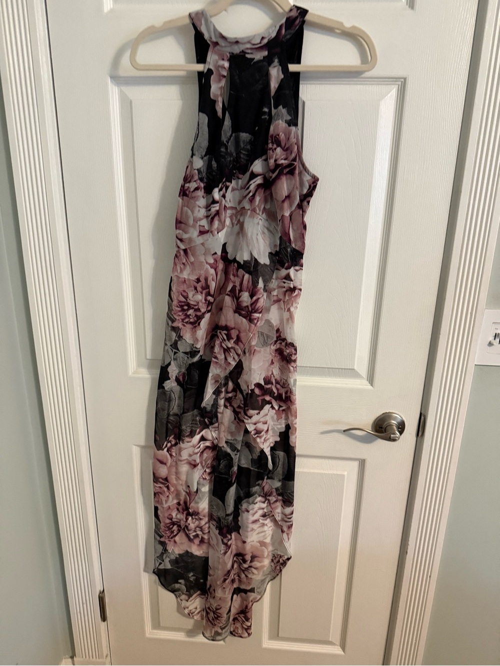 VENUS Black Long Sheer Top with Mauve Floral Print and Cutout near neck